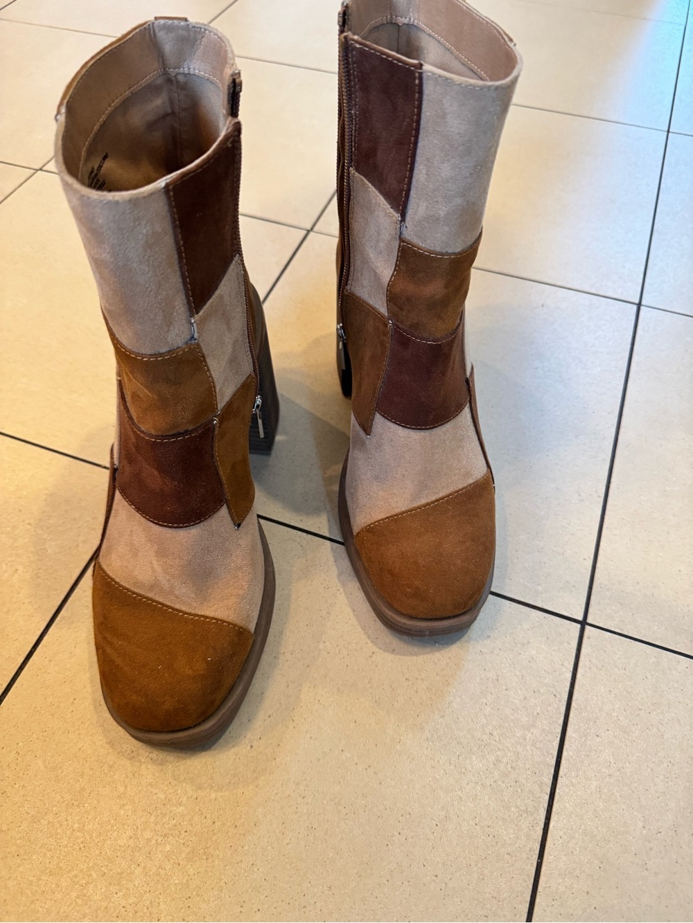 Target Patchwork Suede Mid-Calf Heeled Boots - Brown & Tan